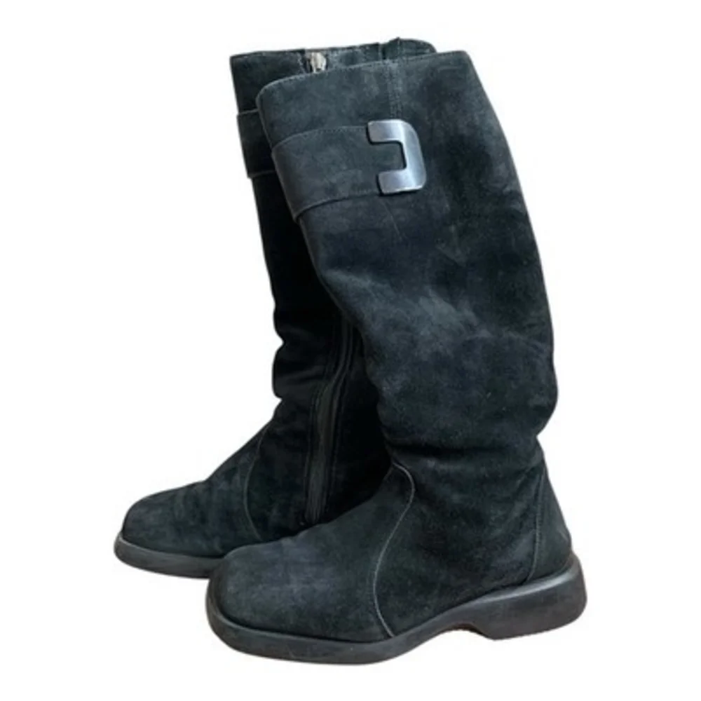 Women’s Black Suede Leather Zip Side Boots Low Platform EU37 Fits US 6 Shearling